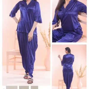 Luxury Silky Nightwear 2-Piece Set - Navy Blue Half Sleeves & V-Neck Patiala Nightwear