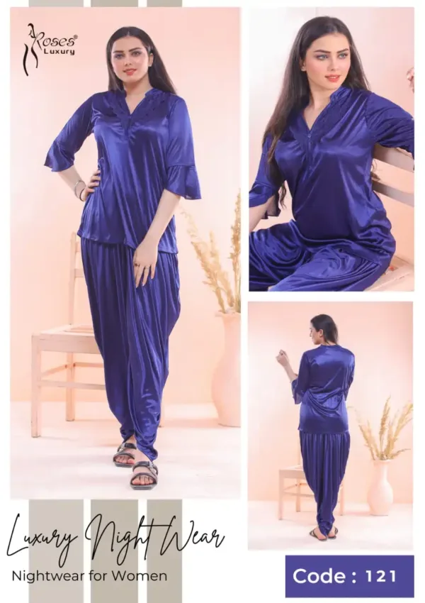 Luxury Silky Nightwear 2-Piece Set - Navy Blue Half Sleeves & V-Neck Patiala Nightwear