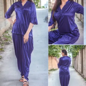 Luxury Silky Nightwear 2-Piece Set - Navy Blue Half Sleeves & V-Neck Patiala Nightwear