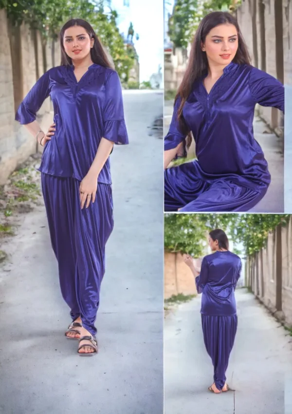 Luxury Silky Nightwear 2-Piece Set - Navy Blue Half Sleeves & V-Neck Patiala Nightwear