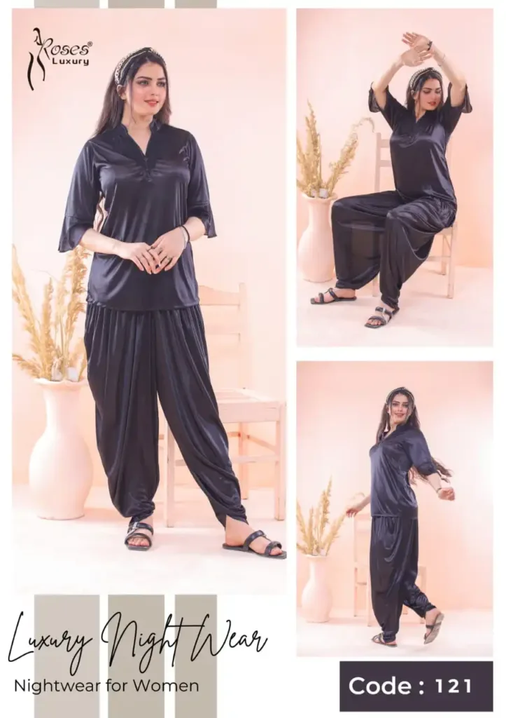 Luxury Silky Nightwear 2-Piece Set - Navy Blue Half Sleeves & V-Neck Patiala Nightwear